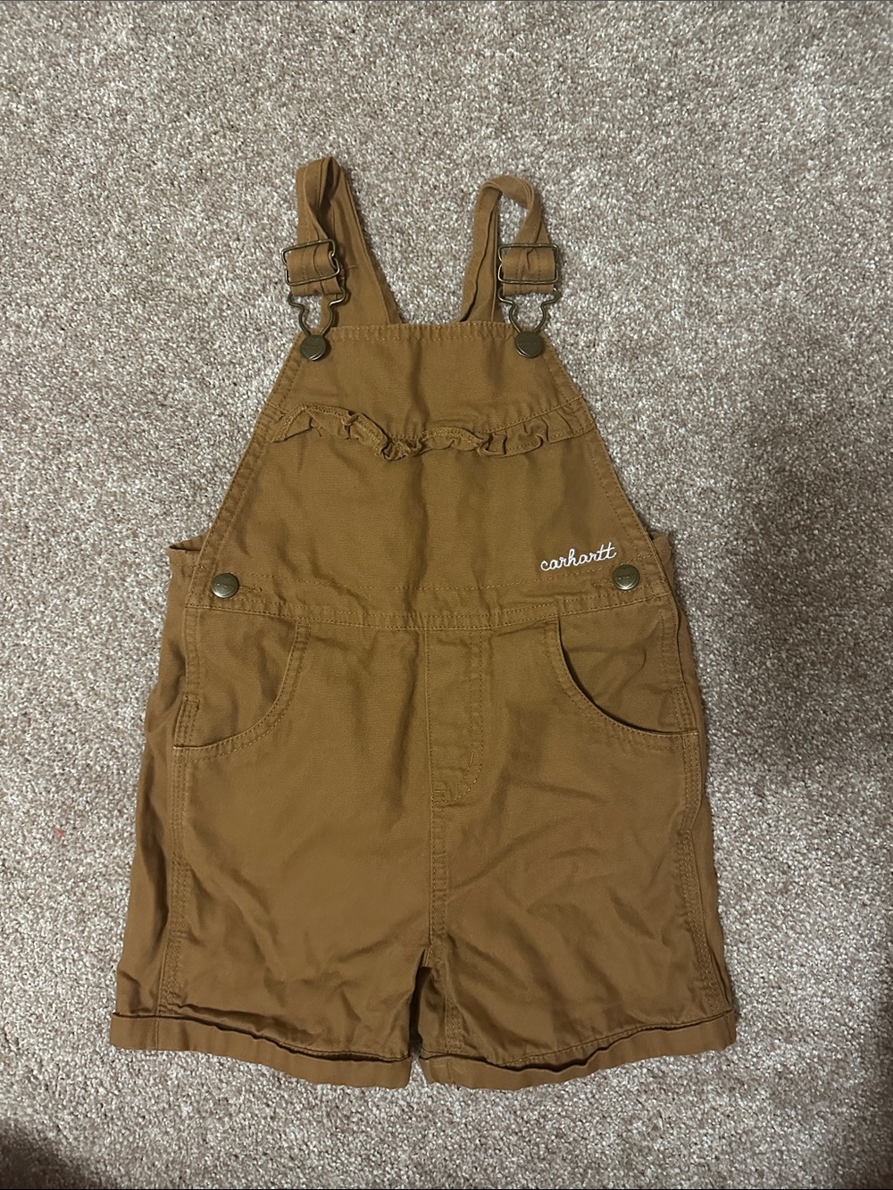 Carhartt Girls' Tan Brown Short Overalls with Ruffle Pocket